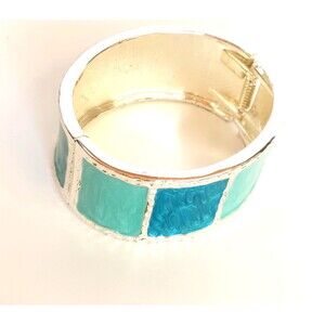 1980's Silver Tone Blue Tones Enamel 1" Wide Hinged Bangle Bracelet Vtg New